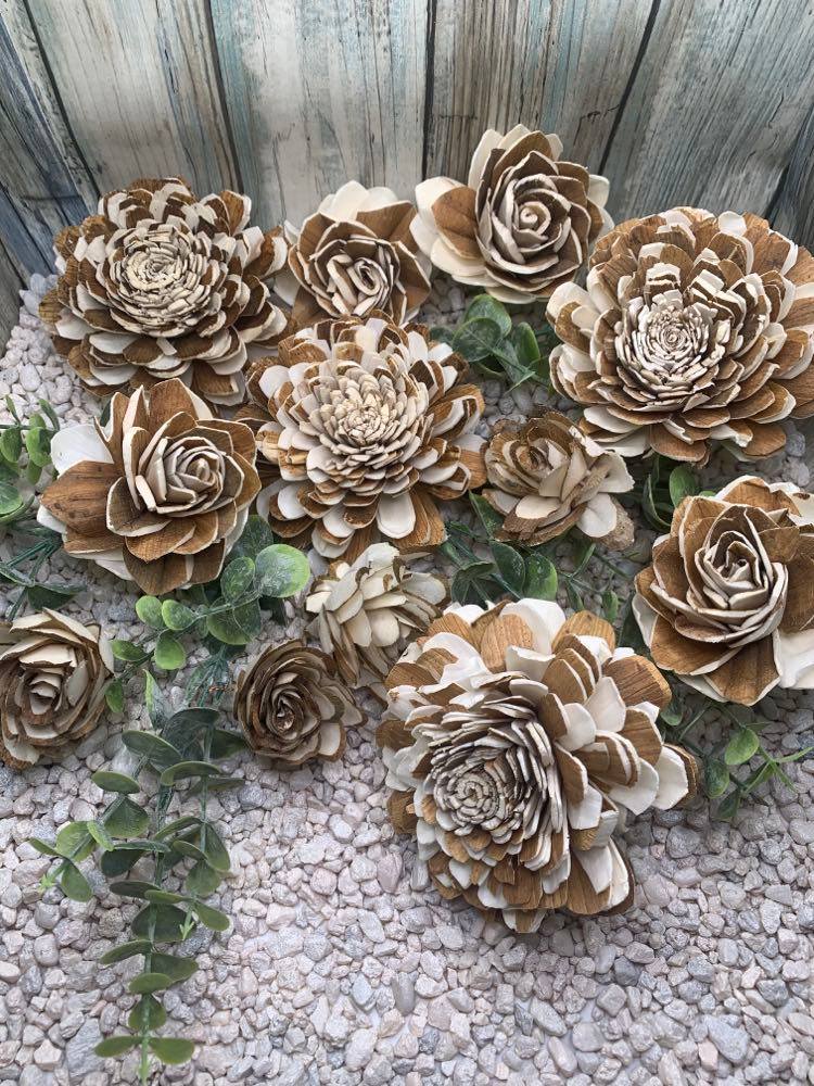 Rustic Bark Assortment Wood Flowers made from Sola Wood for Weddings, Mother's Day, Birthday, Graduation, and Home Decor