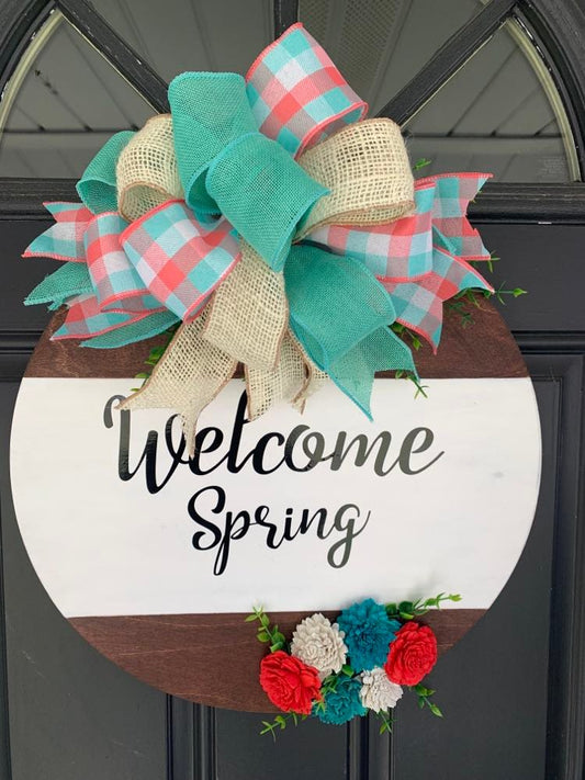 Welcome Spring Wooden 18 Inch round Door Hanger