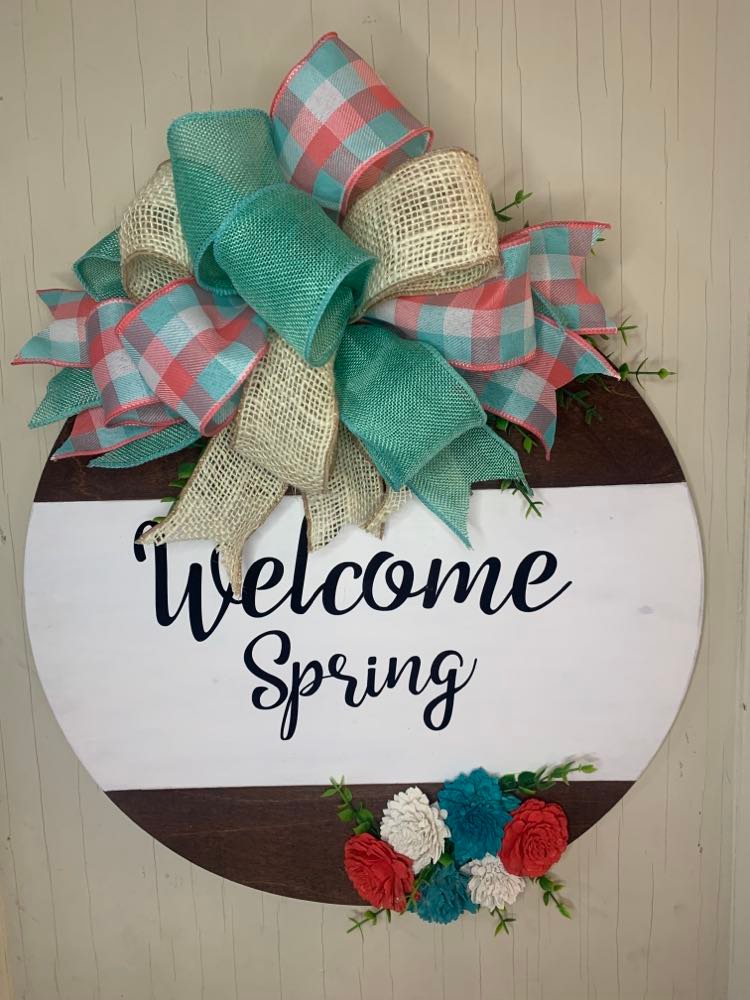 Welcome Spring Wooden 18 Inch round Door Hanger