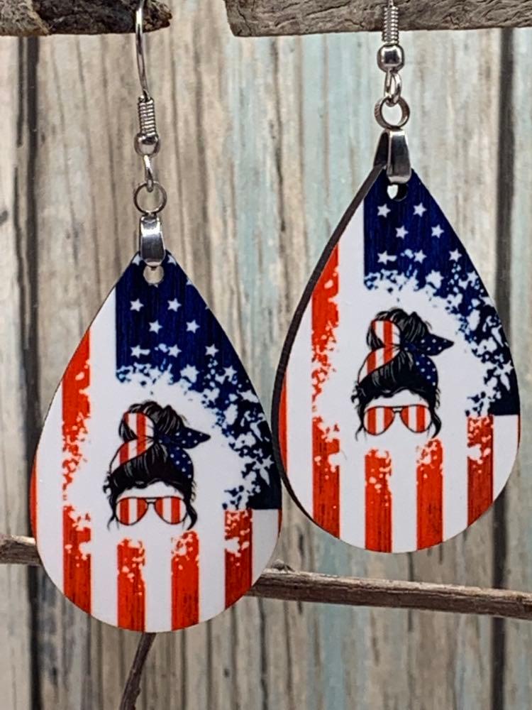 Fourth of July Messy Bun All American USA Earrings