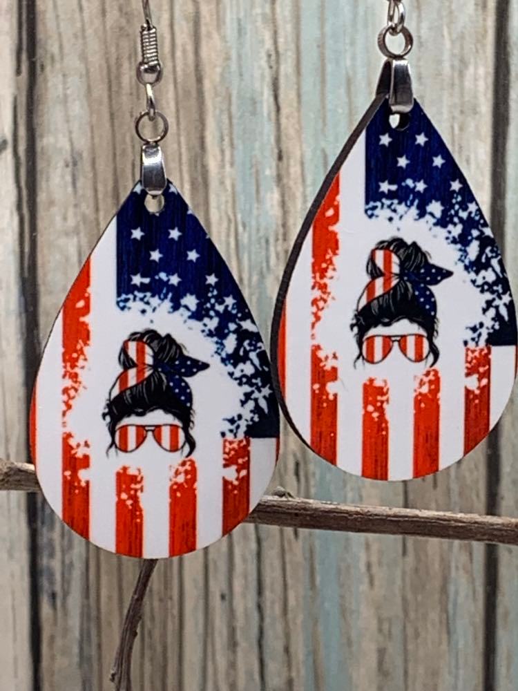 Fourth of July Messy Bun All American USA Earrings