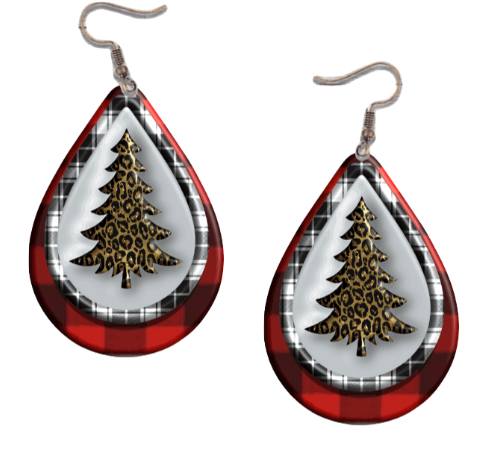 Leopard Christmas Tree with Red Buffalo Plaid Earring Jewelry