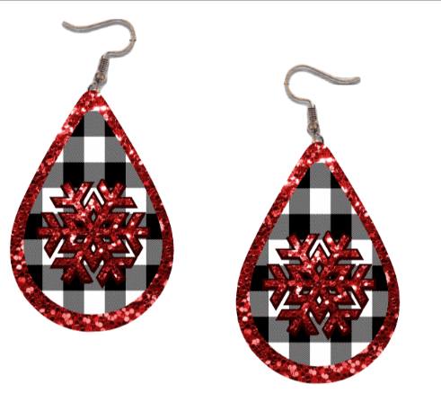 Black Buffalo Plaid with Red Glitter Christmas Earring Jewelry