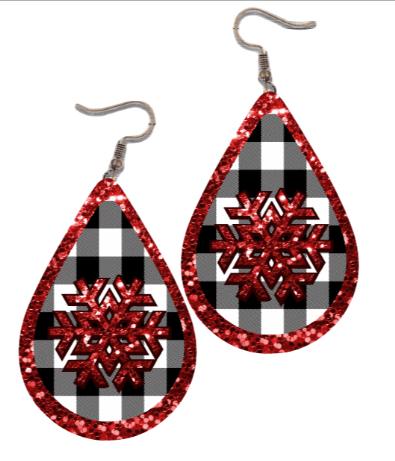 Black Buffalo Plaid with Red Glitter Christmas Earring Jewelry