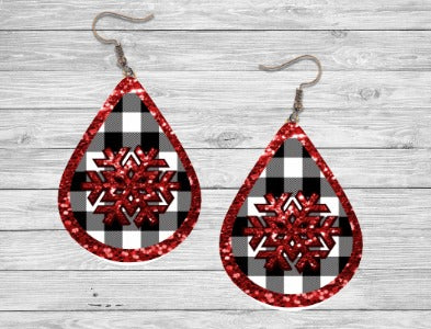 Black Buffalo Plaid with Red Glitter Christmas Earring Jewelry