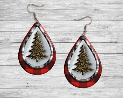 Leopard Christmas Tree with Red Buffalo Plaid Earring Jewelry